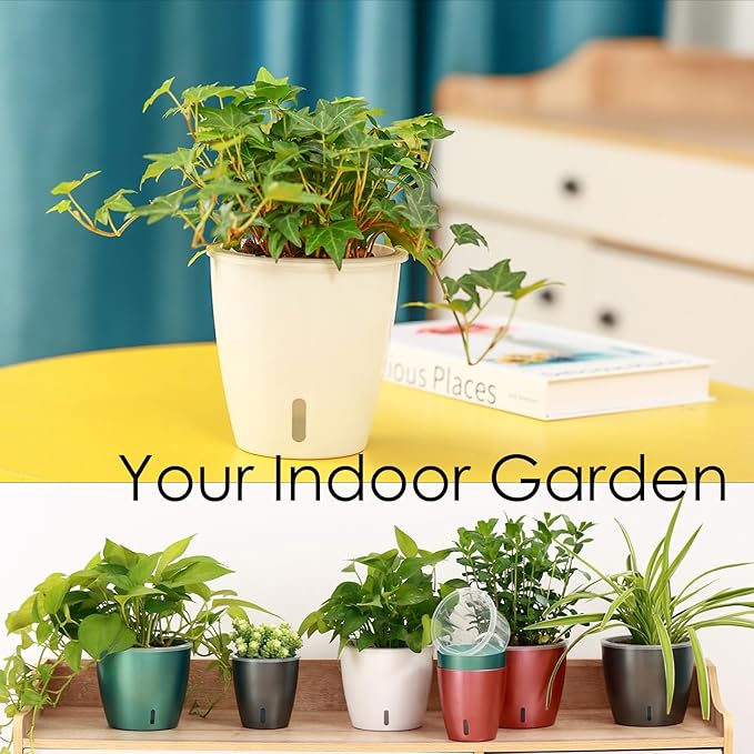 Self Watering Pots for Indoor Plants, 4-Pack 6.7'' Self Watering Planter with Drainage Holes, Small African Violet Pots with Water Indicator, Clear Wick Orchid Pot, Blue Gold