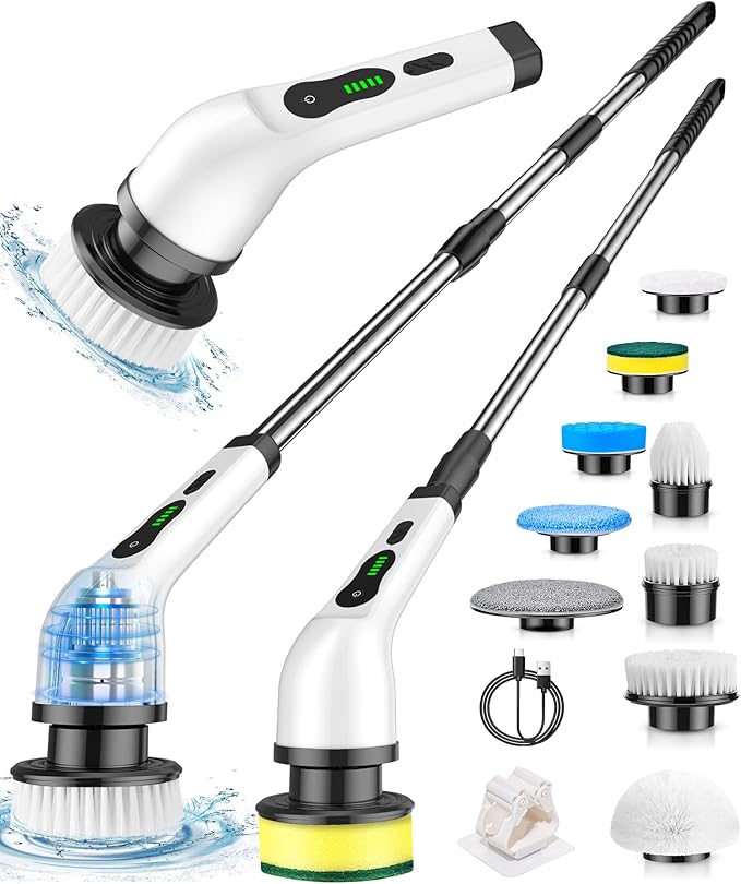 Electric Spin Scrubber, Cordless Shower Scrubber Rotary Floor Brushes & Pad Drivers with 9 Brush Heads - 2H Dual Speed, IPX7 Waterproof Extension Handle for Bathroom Tile Car Cleaning, Whtie-Q