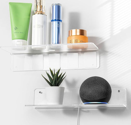 OAPRIRE Clear Acrylic Floating Shelves Set of 2 - Easily Expand Wall Space - 12 Inch Small Wall Shelf with Strong Adhesive for Bathroom, Bedroom, etc