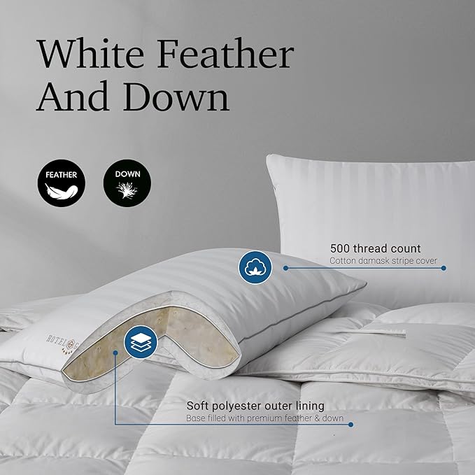 Hotel Grand Softy-Around Feather Down Pillows Queen Size Set of 2 Packs White Strip 100% Cotton Fabric Bed Pillows for All Position Sleepers,28"x20"/2 Packs