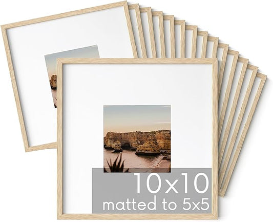 HAUS AND HUES 10x10 Square Picture Frames Set of 15 - Oak Wood Frames with Mat, Beige