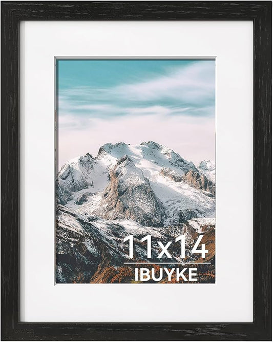 IBUYKE 11 x14 Picture Frame,Solid Oak Wood 11x14 Photo Frame with Mat to 8x10,11x14 Picture Frames With Tempered Glass,Wall Mount Display,Home Decor,Black Oak 14 x 11 Frame,UWPF1114B