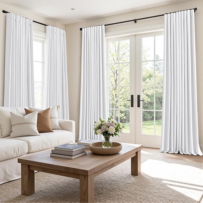 MIULEE 100% Blackout Curtains 90 Inch Long 2 Panels Set for Bedroom, Thick Faux Linen Black Out Curtain Room Darkening Back Tab Pleat Window Textured Drapes with Hooks for Living Room, Bright White