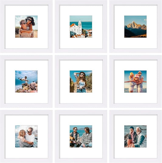 Vittanly 12x12 Picture Frames Set of 9, Shatter Resistant Plexiglass, Display 8x8 Pictures with Mat or 12x12 without Mat, Photo Frames for Wall Mount, Engineered Wood, White