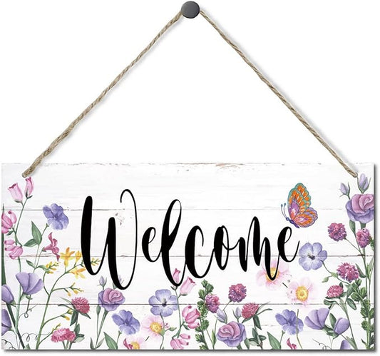 Welcome Decor Sign, Hanging Wood Sign Home Decorative, Printed Wood Wall Art Sign, Flower Welcome Sign, Yard Garden Welcome Sign, Porch Decor Sign, Farmhouse Front Door Decor Sign 12 * 6inch