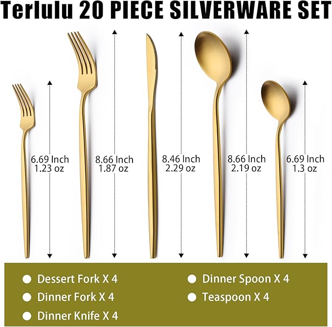 20 Piece Gold Silverware Set for 4, Terlulu Stainless Steel Flatware Set, Gold Cutlery Set Utensils Set, Tableware Include Forks Knives Spoons for Home Kitchen Restaurant Wedding, Satin Finish