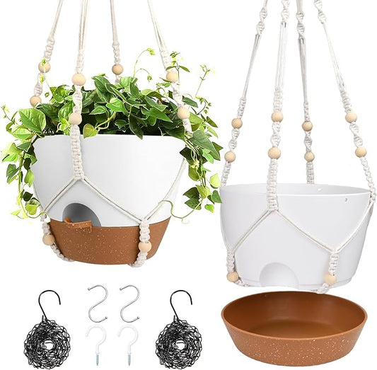 Hanging Planters for Indoor Outdoor Plants, 2 Pack Self Watering Hanging Pot with Drainage Holes, Removable Tray & 2 Kinds of Plant Hangers, 10'' Hanging Flower Pots for Home Garden Decor, White