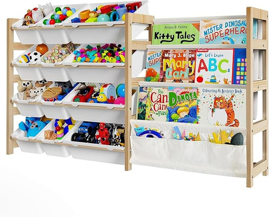 Large Toy Storage Organizer with Bookshelf, Toy Organizers and Storage with 12 Storage Bins, 4 Tier Multipurpose Toys Organizer Storage for Kids Room, Playroom, Nursery Room, White