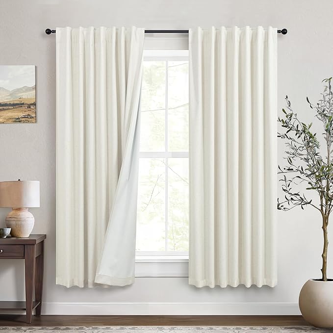 DANCURTON Short Length Blackout Curtains for Nursery Bedroom 63 Inches Long Pretty Room Darkening Thermal Curtains for Summer Heat Back Tab Rod Pocket Cotton Textured Thick Linen Drapes Traverse Cream
