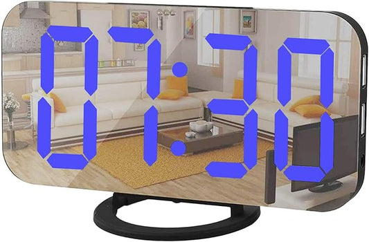 Digital Alarm Clock,Mirror Surface LED Electronic Clocks,with USB Charger,Snooze Model, Auto/Custom Brightness,for Office Table Bedroom Nightstand(Black-Blue)