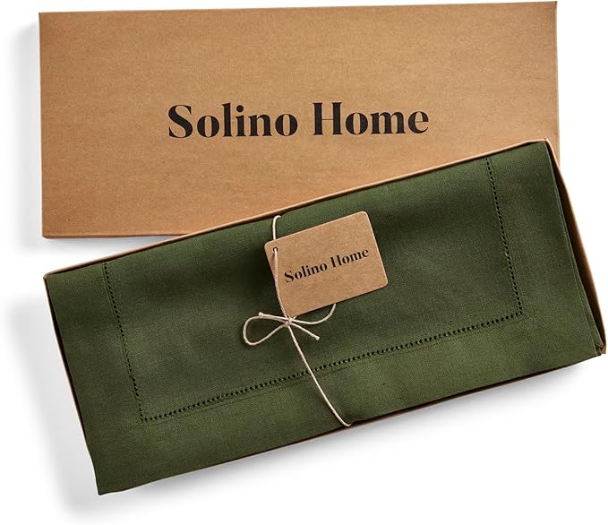 Solino Home Olive Linen Table Runner 156 Inches Long - 100% Pure Linen Classic Hemstitch Table Runner 14 x 156 Inch for Wedding, Parties, Fall, Autumn, Thanksgiving