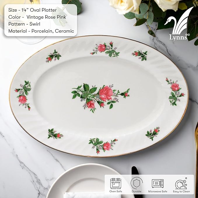 Lynns Paradise Vintage Rose 14-Inch Oval Platter, Set of 2, Pink; Heavy Duty; Chip Resistant; Lead and Cadmium Free; Freezer to Oven Safe up to 500°F