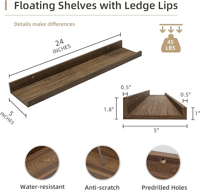 Picture Ledge Shelf, Wood Floating Shelves Set of 4, 24 inch Picture Ledge Shelves, Photo Ledge Nursery Book Shelves Wall Mounted for Living Room Kids' Room Bedroom, Color Walnut