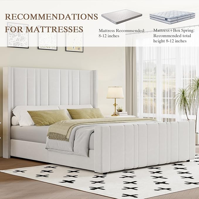 HOMBCK Full Bed Frame Upholstered Bed with Vertical Channel Tufted Headboard & Footboard/Wooden Slats/No Box Spring Needed/Easy Assembly, Cream