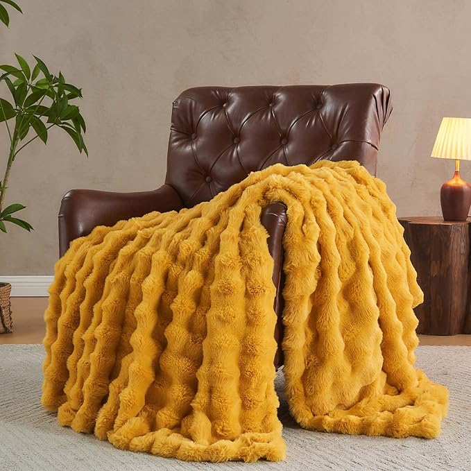 Lotus Karen Faux Fur Throw Blanket Ginger Yellow - Big Bubble Rabbit Fluff Blanket for Couch Bed Sofa,Softest Fluffy Fuzzy Cozy Blanket,Thick Furry Plush Shaggy Warm Blankets for Women,50x60 Inches