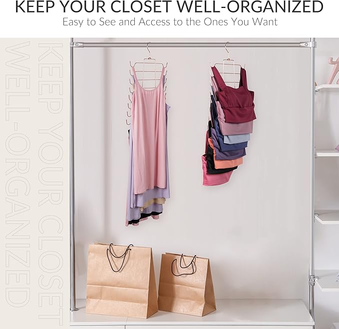 ZEDODIER Tank Top Hanger, 4 Pack Space Saving Bra Hangers, Non-Slip Hanging Sport Bras Holder, Closet Organizers and Storage for Camisoles Tank Tops Bras Ties Swimsuits Strappy Dress, Rose Gold