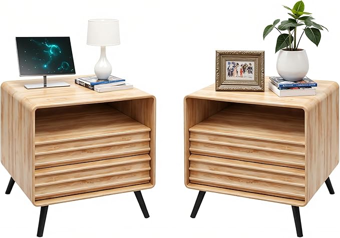 RedLemon 24" Nightstand Set of 2 with Charger Station, Mid Century Modern Fluted End Table with 2 Drawers, Wooden Side Table with Open Cubby Storage for Living Room, Bedroom, Office(Natural Oak)