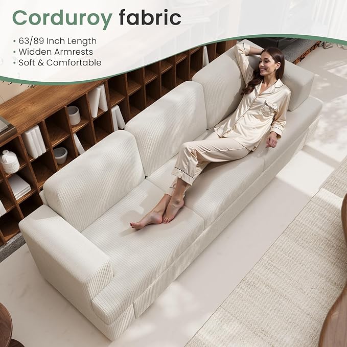3 Pieces Corduroy Couch Set for Living Room, 3 Seater & Loveset*2 Cloud Sofa, Deep Seat Floor Couch for Bedroom, Futon Modern Sofa Bed, White Corduroy