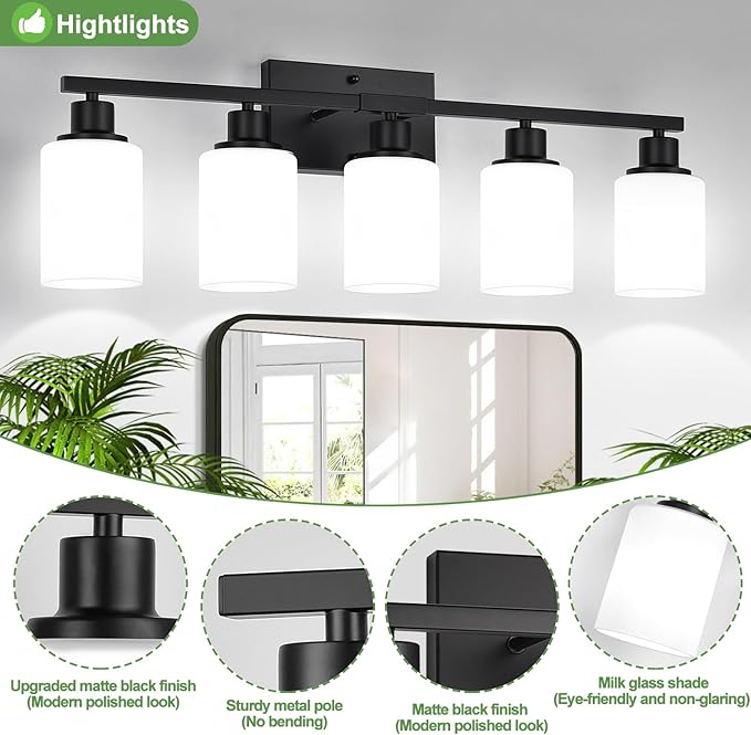 5-Light Black Bathroom Vanity Light Fixture with Milky White Frosted Glass Shades, Bathroom Light Fixture for Mirror, Matte Finish, Reversible Up/Down Lighting for Bedroom, Living Room, Hallway