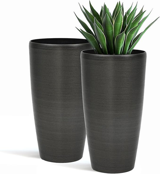 22.8" Resin Planters for Outdoor Plants, Set of 2 Modern Large Flower Pots with Handmade Brushed Metal Finish, Weather Resistant for Indoor/Outdoor Year-Round Use