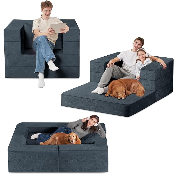 Folding Bean Bag Chair for Adults,3-in-1 Bean Bag Couch Faux Fur Floor Sofa Large Beanbag Convertible Bean Bag Sofa Bed with Pillow in Bedroom,Living Room,Apartment(Twin,Dark Grey)