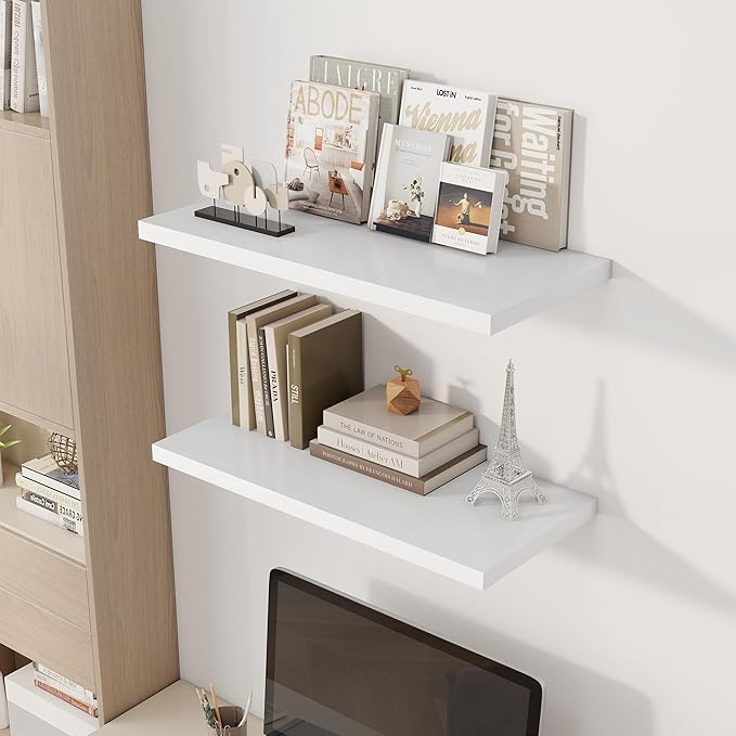 30" Floating Shelves for Wall, 12" Deep Slim White Floating Shelves, Wall-Mounted Shelves for Bedroom, Living Room, Kitchen, Bathroom - Set of 2