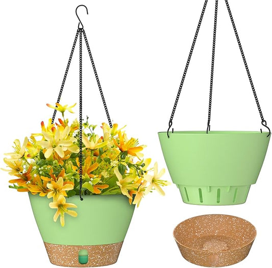 ZMTECH 2 Pack 10 Inch Hanging Planters for Outdoor Plants, Hanging Pots for Plants Indoor with Visible Water Level, Hanging Flower Basket with Drainage Holes & Removable Tray(Green)