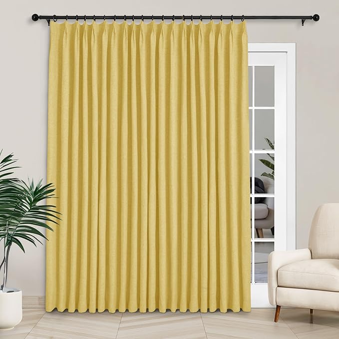 Macochico Extra Wide Full Blackout Linen Curtains for Sliding Door Yellow Pinch Pleated Linen Curtains 96 Inches Long for Bedroom Living Room Farmhouse with Tieback 120”Wx96”L 1 Panel