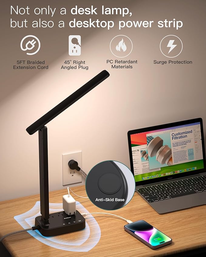 Addtam LED Desk Lamp, Power Strip with 3 Outlets 4 USB Charging Ports(2 USBC), 4 Modes 5 Level Brightness Touch Lamp, Small Desk Lamp for Home Office College Dorm Room Essentials