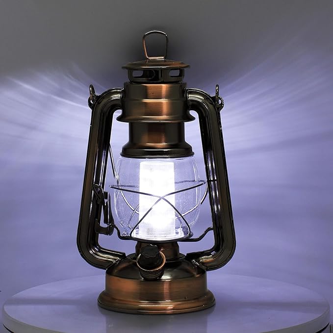 YAKii LED Vintage Lantern Metal Hanging Hurricane 12 LED Dimmer Switch Cold White Battery Operated Lantern Power Outage Indoor Camping Lighting Outdoor Brooklyn Decoration(Copper Pack of 8)