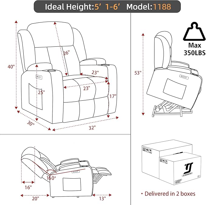 Power Lift Recliner Chair for Elderly with Massage and Heat, Recliner Chairs for Adults, Upgraded Fabric Reclining Sofa Chair with USB & Type-C Ports and Side Pockets, L1188 (Blue)