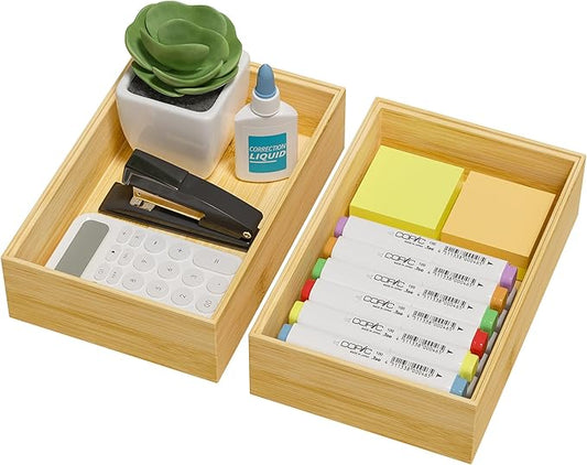 Kitchen Drawer Organizer Bins, Stackable Bamboo Drawer Organizer for Silverware, Flatware, Deep Office Desk Drawer Organizer Tray, Desktop Pen, Office Organization 9" x 6" x 2.5" (Set of 2)