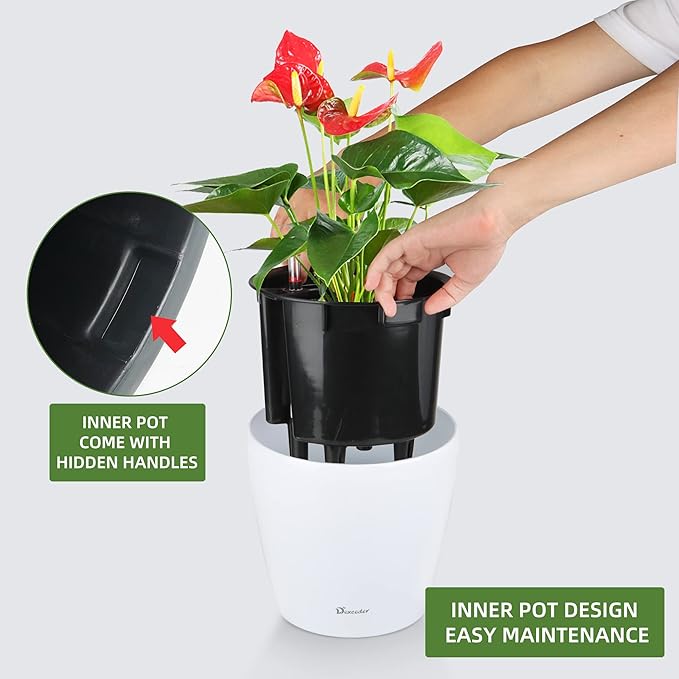 Dexceder 9x8 Inches High Gloss Self Watering Planter Indoor Outdoor, Inner Pot Design, Thickened Table Flower Plant Pot with Water Level Indicator (White)