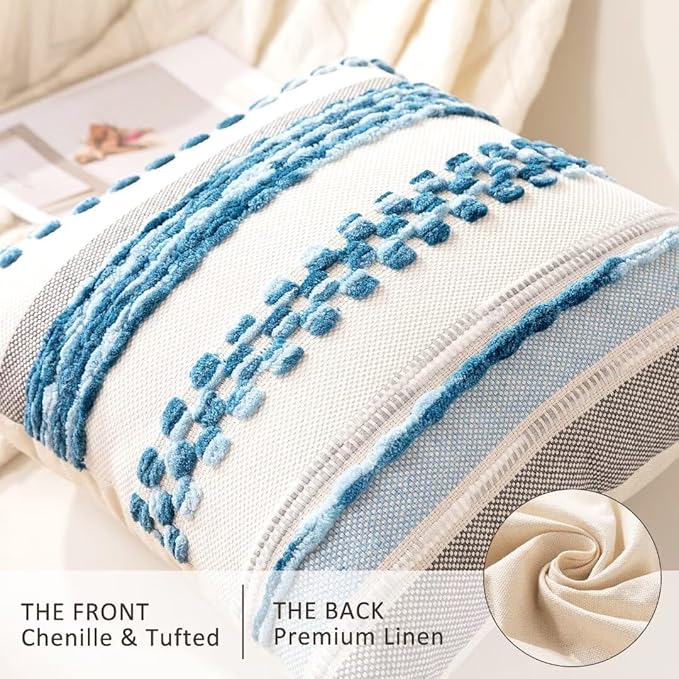 Boho Throw Pillow Covers 18x18 Set of 2 Farmhouse Decorative Cushion Case Striped Square Pillows Cover Chenille Pillow Cases Accent Neutral Pillowcase for Sofa Couch Bed,Sky Blue