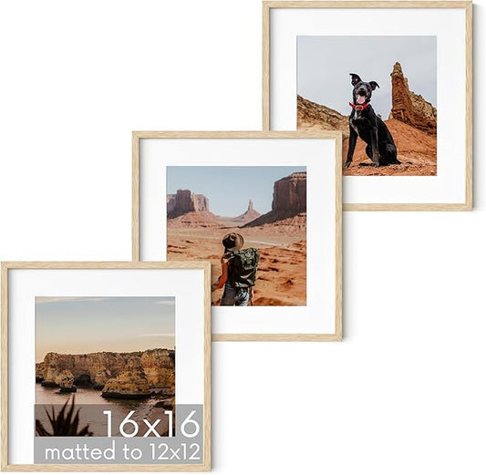 HAUS AND HUES Solid Oak Wood 16”x16” Picture Frames Matted to 12”x12” Set of 3 - Beige Square Frames 16x16, 16 x 16 Print Frames, Natural Wooden 16x16 Picture Frames Square (Beige Oak Frames)