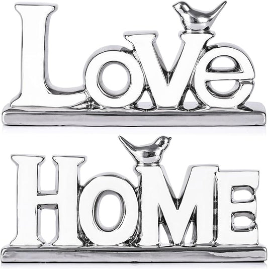 Love Sign Decoration,White and Silver Love Signs for Home Decor Statue,Bird Sculpture Personalized Love Decor,Chrome Style Figurine Decorative Ornaments for Living Room,Bedroom (2 Pcs, White+Silver)