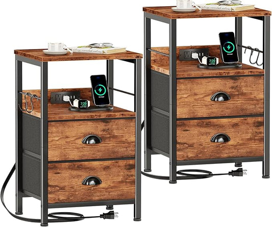 Furologee Nightstand Set of 2, Rustic Brown, with Charging Station and USB Ports, Side Tables with 2 Fabric Drawers, Bedside Tables with Storage Shelf & Hooks, for Living Room/Bedroom