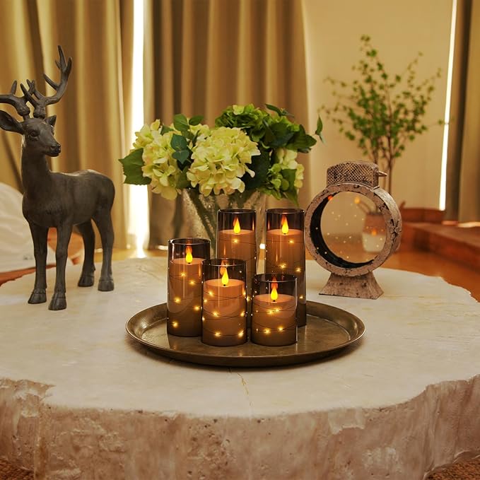 Homemory Flameless Candles with Embedded Star String Fairy Lights, Battery Operated Candles, LED Candle, Fake Candles with Remote Control and Timer for Halloween, Gray Acrylic, Set of 5(H4"5"6"8"8")