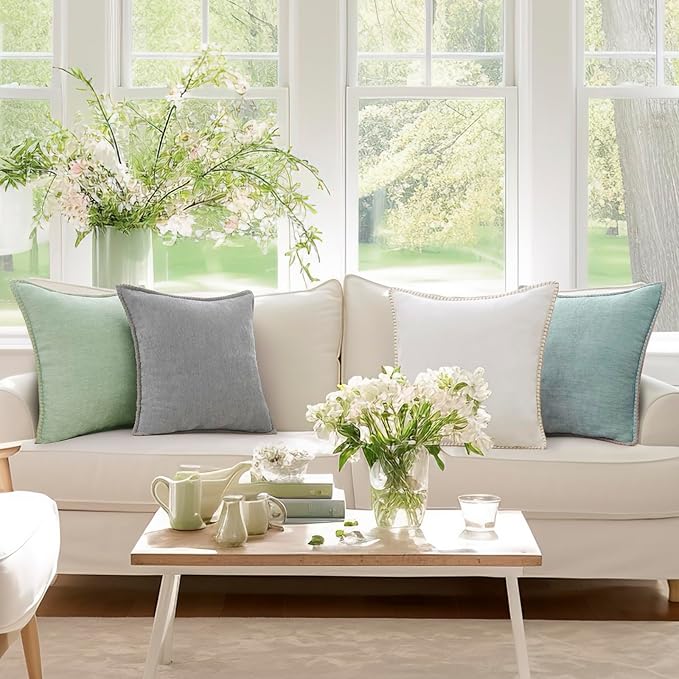decorUhome Chenille Soft Throw Pillow Covers 20x20 Set of 2, Farmhouse Velvet Neutral Decorative Euro Pillow Covers with Stitched Edge for Couch Sofa Bed Home Decor, Aqua Haze