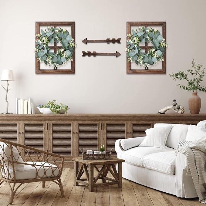 Rustic Wood Window Frame with Green Wreath and Arrows Wall Decor，Farmhouse Window Frame Hanging Decor,Wooden Fake Decoration,Window Pane Wall Decor,Set of 2 (Brown)