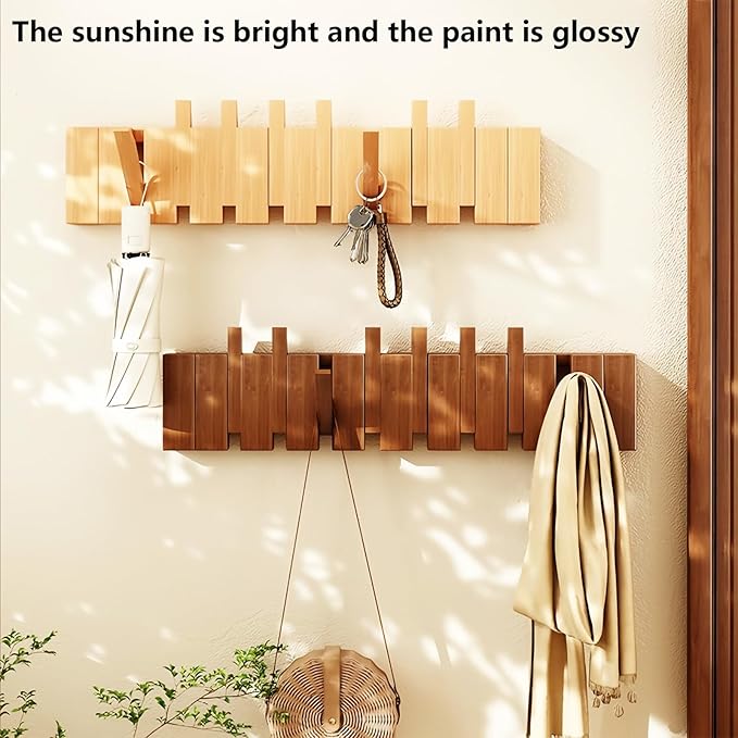 Wall Mounted Piano Key Hanger | Flip Style Hook | Entrance Wall Art Hook, Made of Oak Wood (3 Times Painted, 4 Times Polished) (Walnut, 10Hooks)