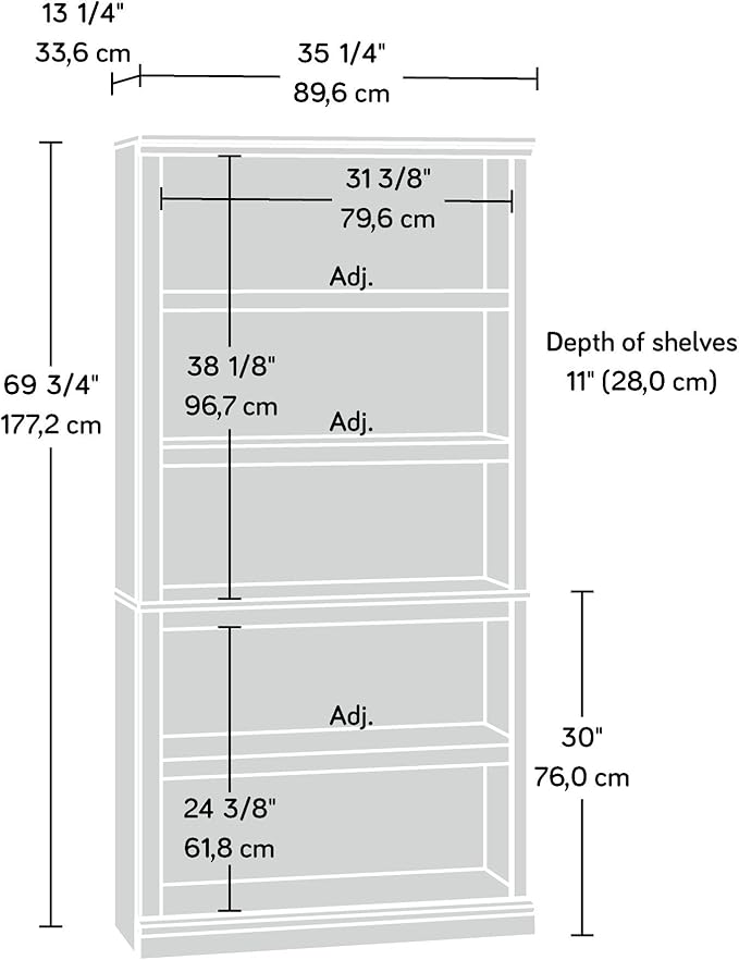 Sauder Miscellaneous Storage 5 Bookcase/Book Shelf, L: 35.28" x W: 13.23" x H: 69.76", Jamocha Wood