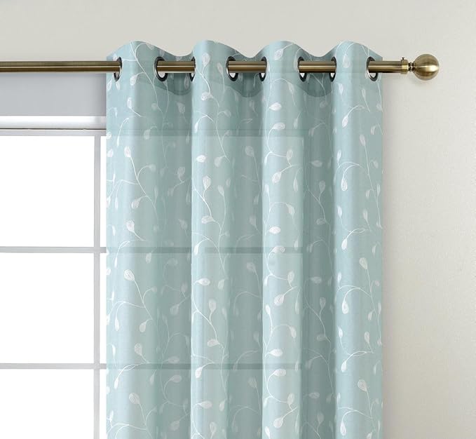 MIUCO Floral Embroidery Semi Sheer Curtains Faux Linen Grommet Panels for Living Room 52 x 84 Inch 2 Panels Set, Subtle Green