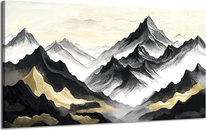 amatop Large Abstract Mountain Wall Art for Living Room Office Bedroom Modern Landscape Canvas Art Print Inspirational Artwork Horizontal Black Gold and White Nature Picture Wall Decor 48x24 Inch