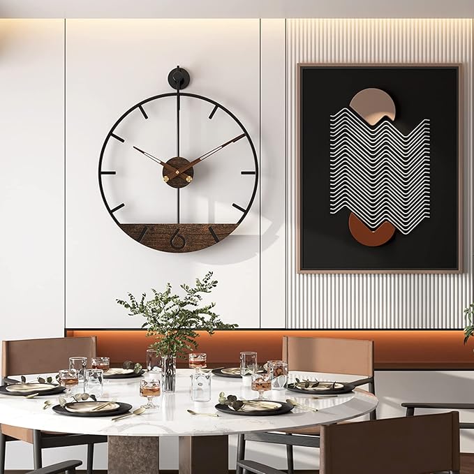 Modern Wood Walnut Dial Wall Clock, Large Simple Wall Decor Metal Frame Silent Non Ticking Clock for Living Room Decor, Kitchen, Bedroom, Study Decoration, Handmade Home Gift Idea, 22.5 in