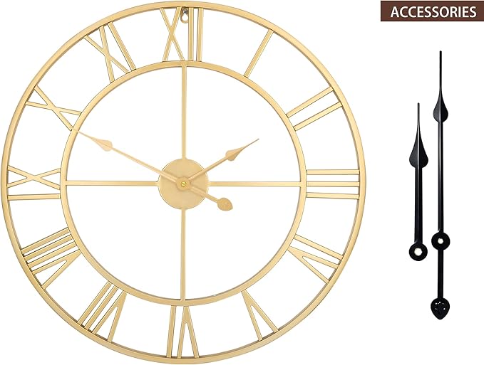 Large Modern Metal Wall Clocks Rustic Round Silent Non Ticking Battery Operated Roman Numerals Clock for Living Room/Bedroom/Kitchen Wall Decor-(Gold, 40cm)