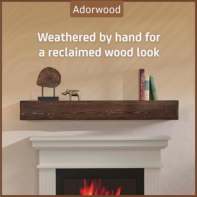 Handmade Fireplace Mantel Shelf, Extra Wide Rustic Wood Mantles for Over Fireplace, Wall Mounted Floating Mantel Shelves for Living Room Decor (Dark Walnut, 60 inches)