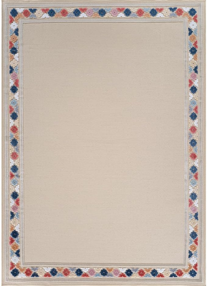 Beverly Rug Outdoor Rug 6x9 Modern Bordered Area Rugs for Indoor and Outdoor Patio Easy to Clean Non Shedding Living Room Porch Garden Washable Outside Carpet (6 x 9 Beige)