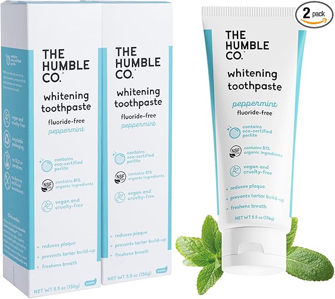 The Humble Co. Natural Whitening Toothpaste - Peppermint, Fluoride Free, Fresh Breath, Plaque Removal, Vegan & Cruelty Free, Non-Toxic SLS Free (5.5 oz, 2pk)