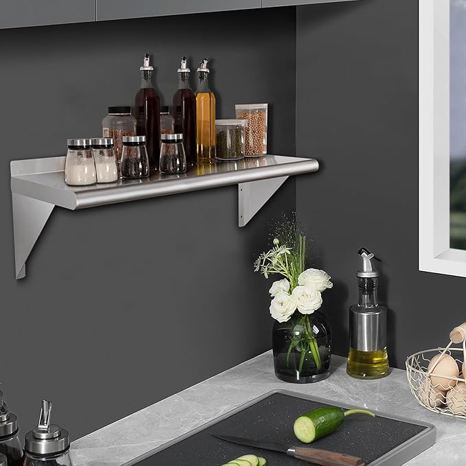 HARDURA Stainless Steel Shelf 12" x 48", 250lb Commercial Shelves Wall Mount Metal Shelving with Backsplash and Brackets for Kitchen, Restaurant, Laundry Room and Home